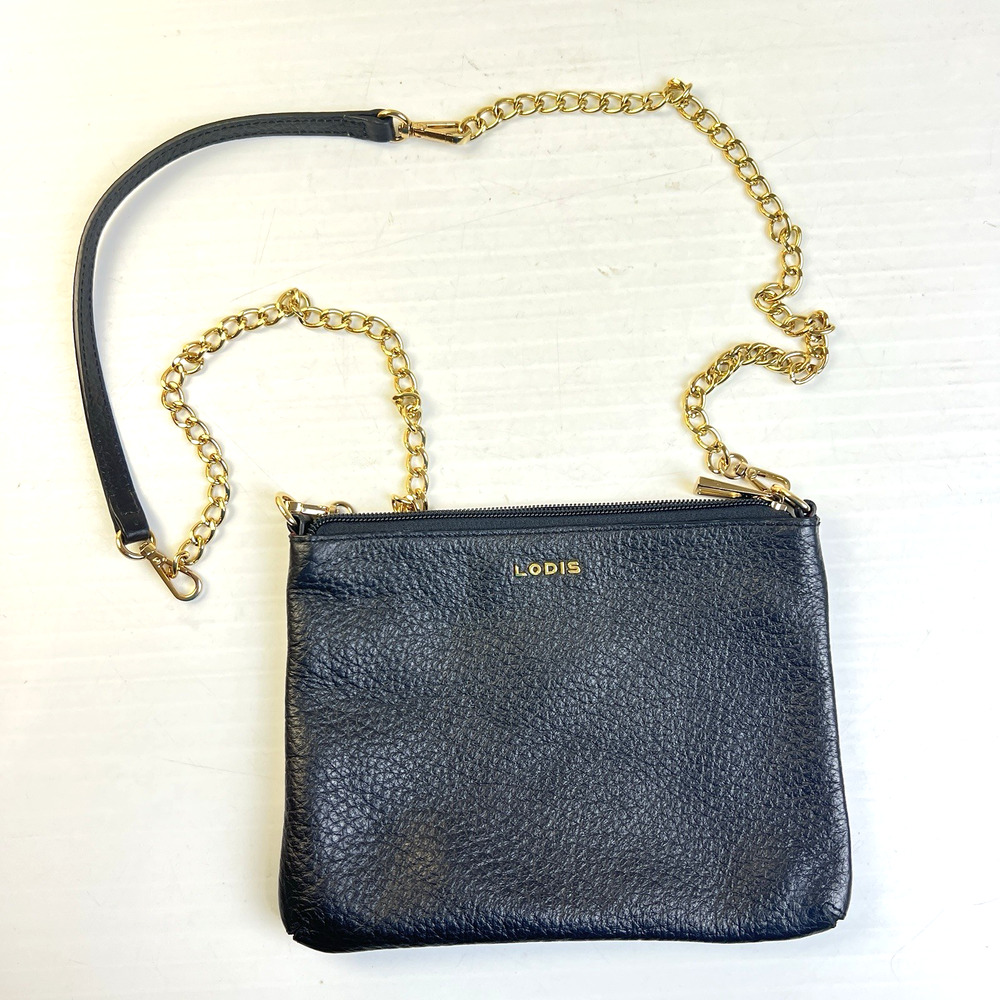 Lodis Leather Crossbody Clutch Wristlet Black Gold Convertible Purse Handbag